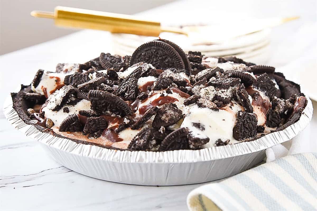 entire ice cream pie with hot fudge sauce