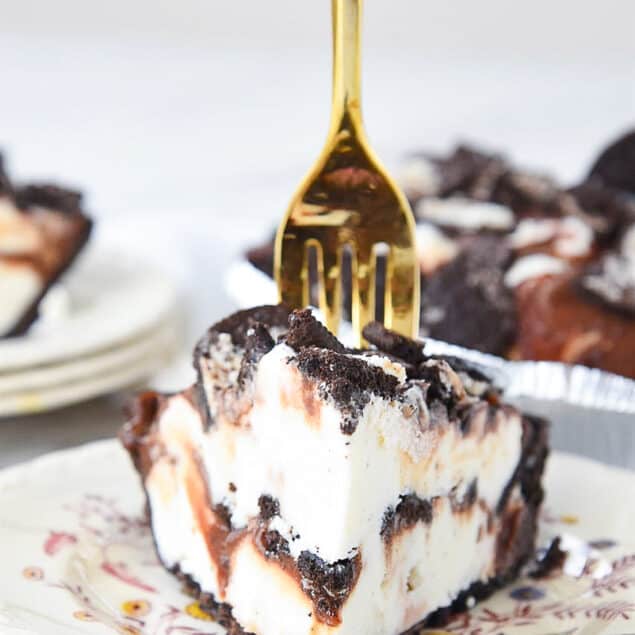 slice of ice cream pie with a fork in it
