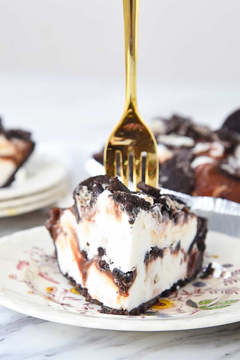 slice of ice cream pie with a fork in it