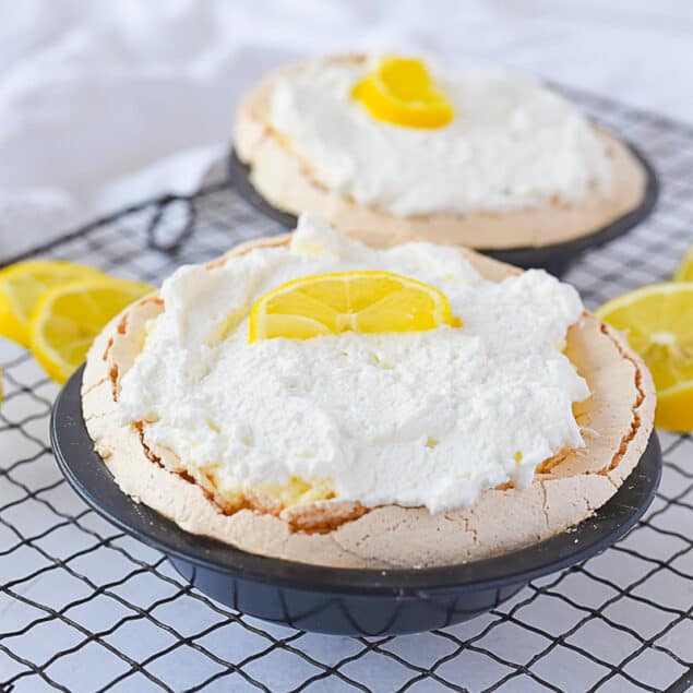 two lemon angel pies on a cooling rack