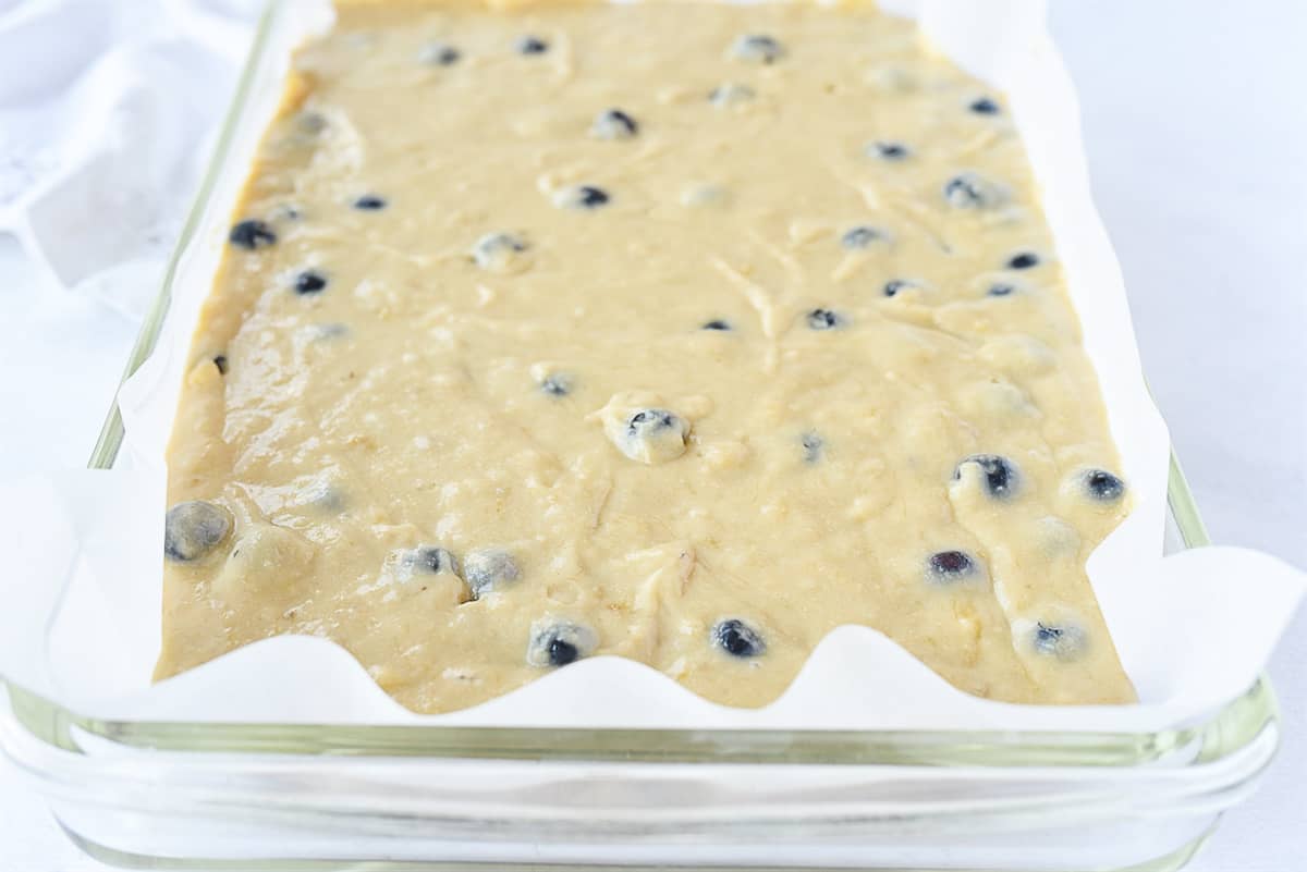 blueberry banana cake batter in pan