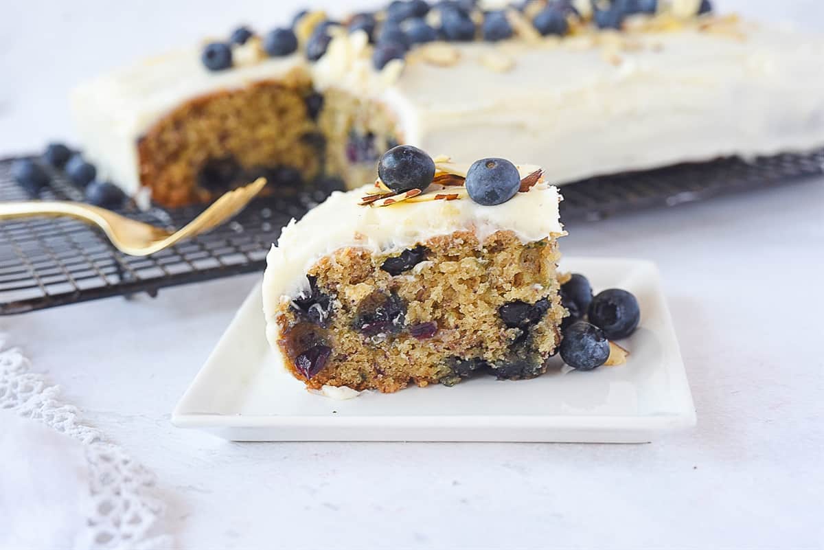 piece of blueberry banana cake on a plate