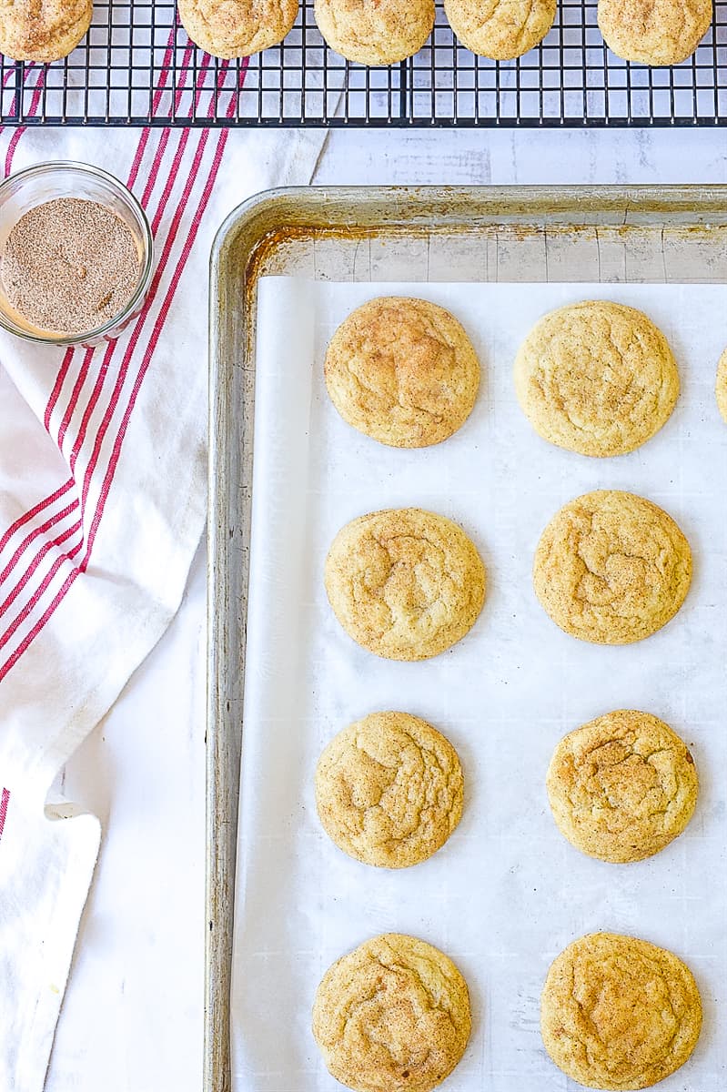 snickerdoodle cookies cooling on a baking sheet