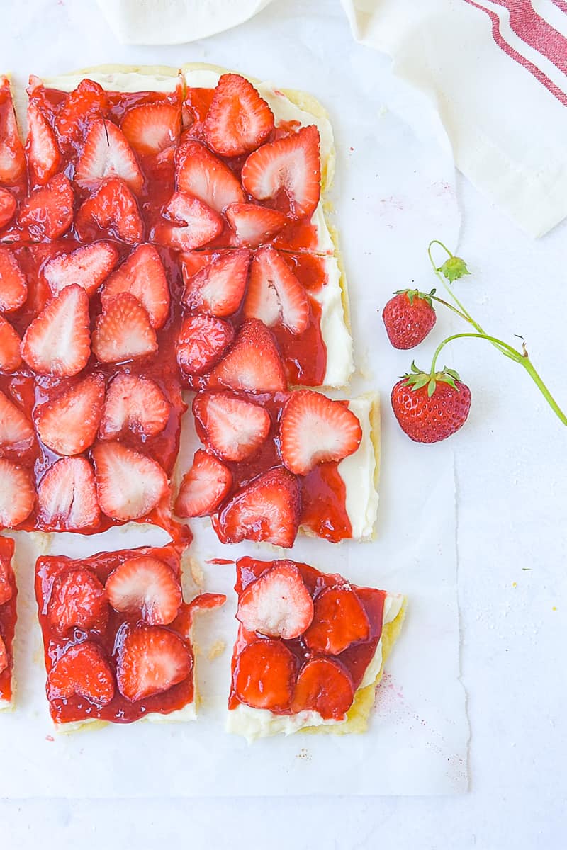 overhead shot of strawberry pizza