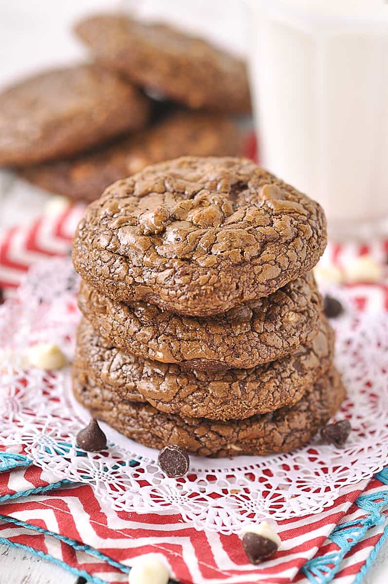 overhead shot of a stack of chocolate cookies