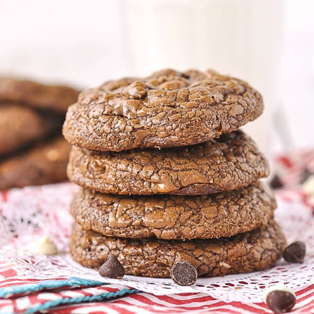 stack of triple chocolate cookies