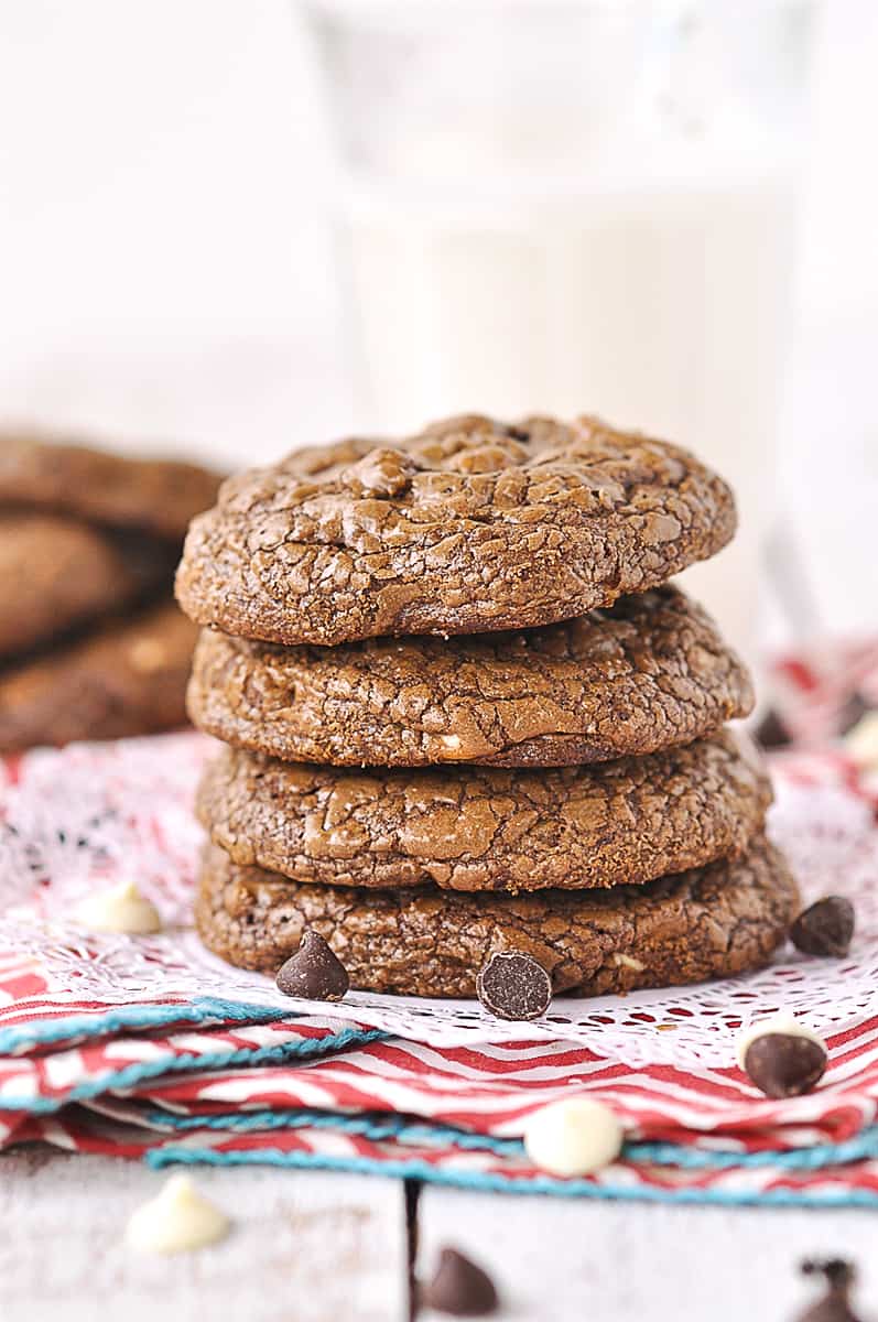 stack of triple chocolate cookies