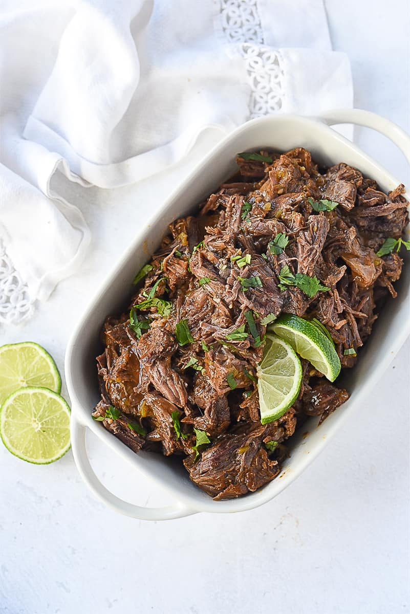 overhead shot of dish of beef barbacoa