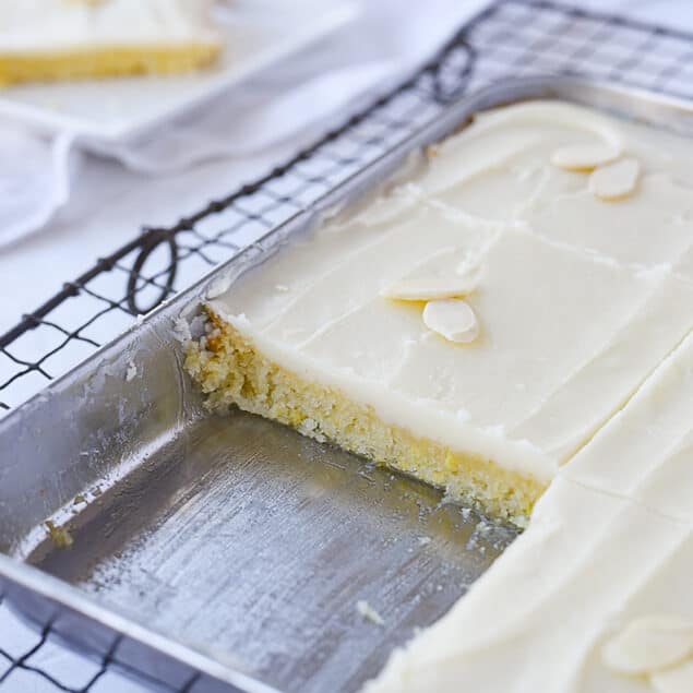 pan of almond texas sheet cake for two