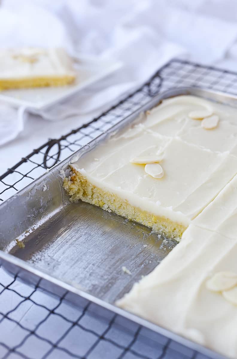 pan of almond texas sheet cake for two