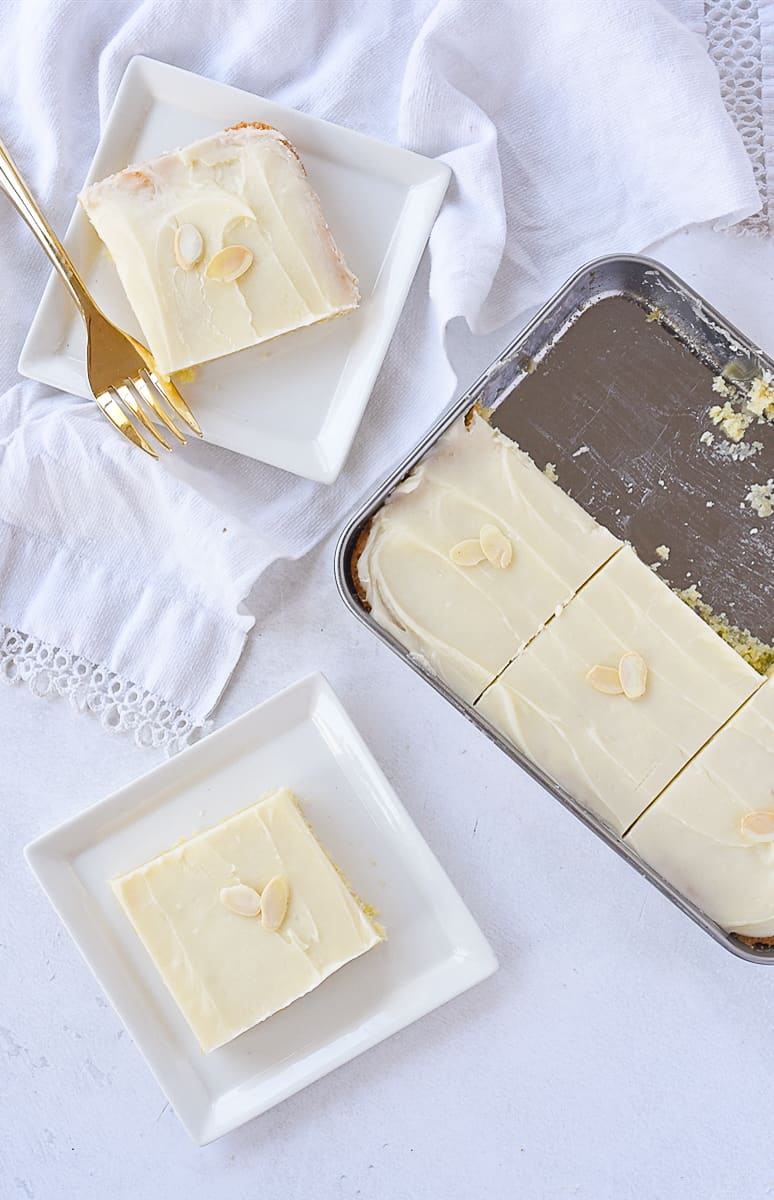 overhead shot of white texas sheet cake