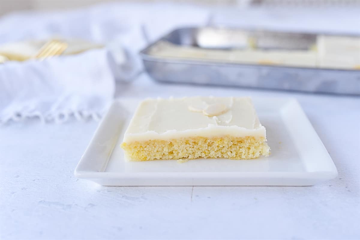 slice of white texas sheet cake