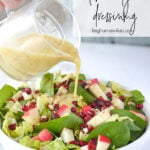 pouring lemon dijon salad dressing over salad