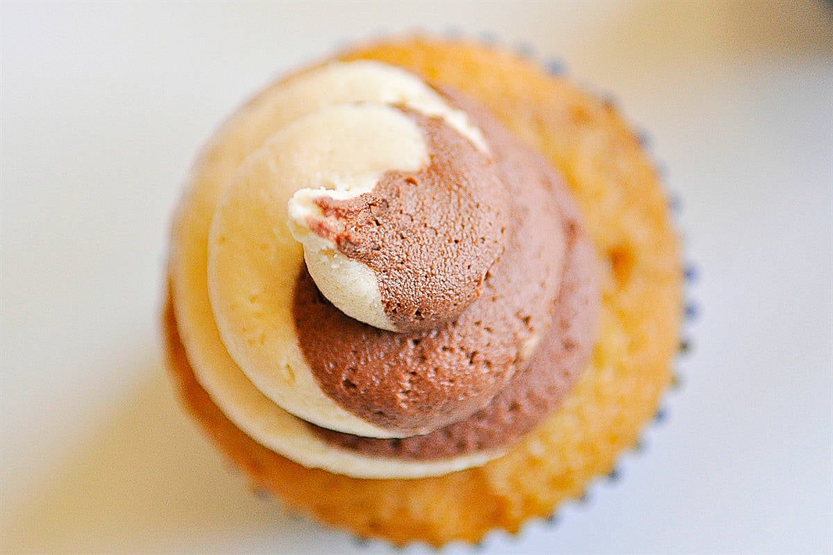 overhead shot of frosted cupcake