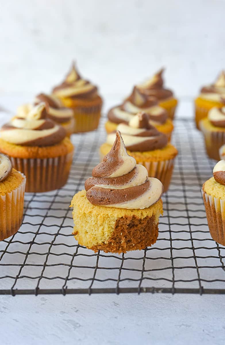 peanut butter chocolate cupcake with the wrapper off