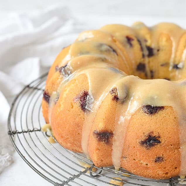 BLueberry bundt cake on cooling rack