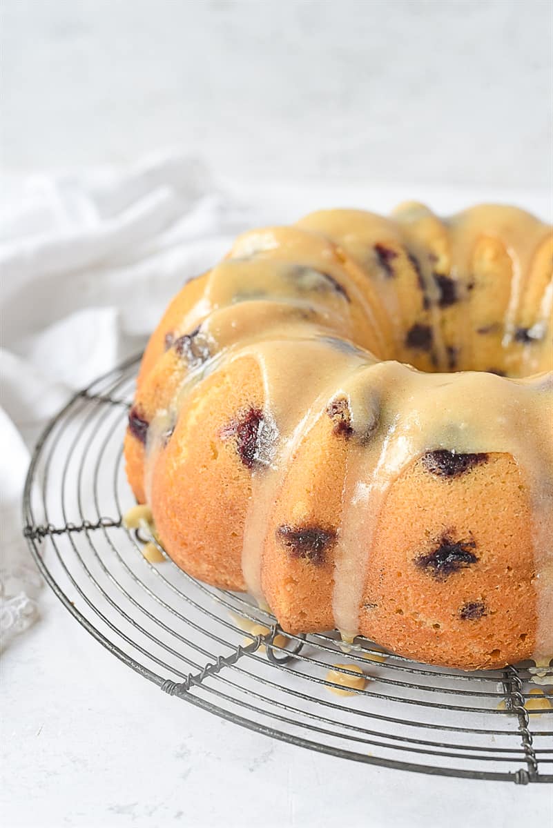 BLueberry bundt cake on cooling rack