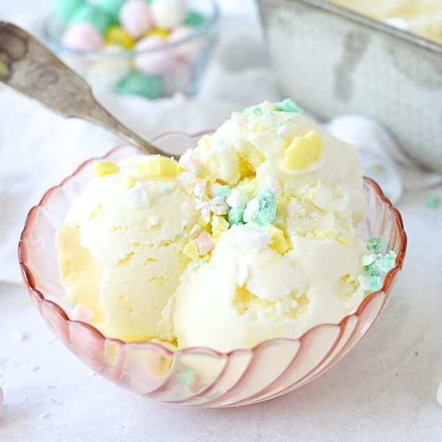 pink bowl of buttermint ice cream