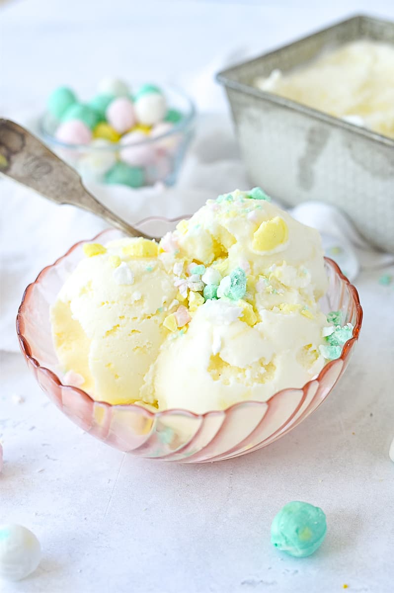 pink bowl of buttermint ice cream