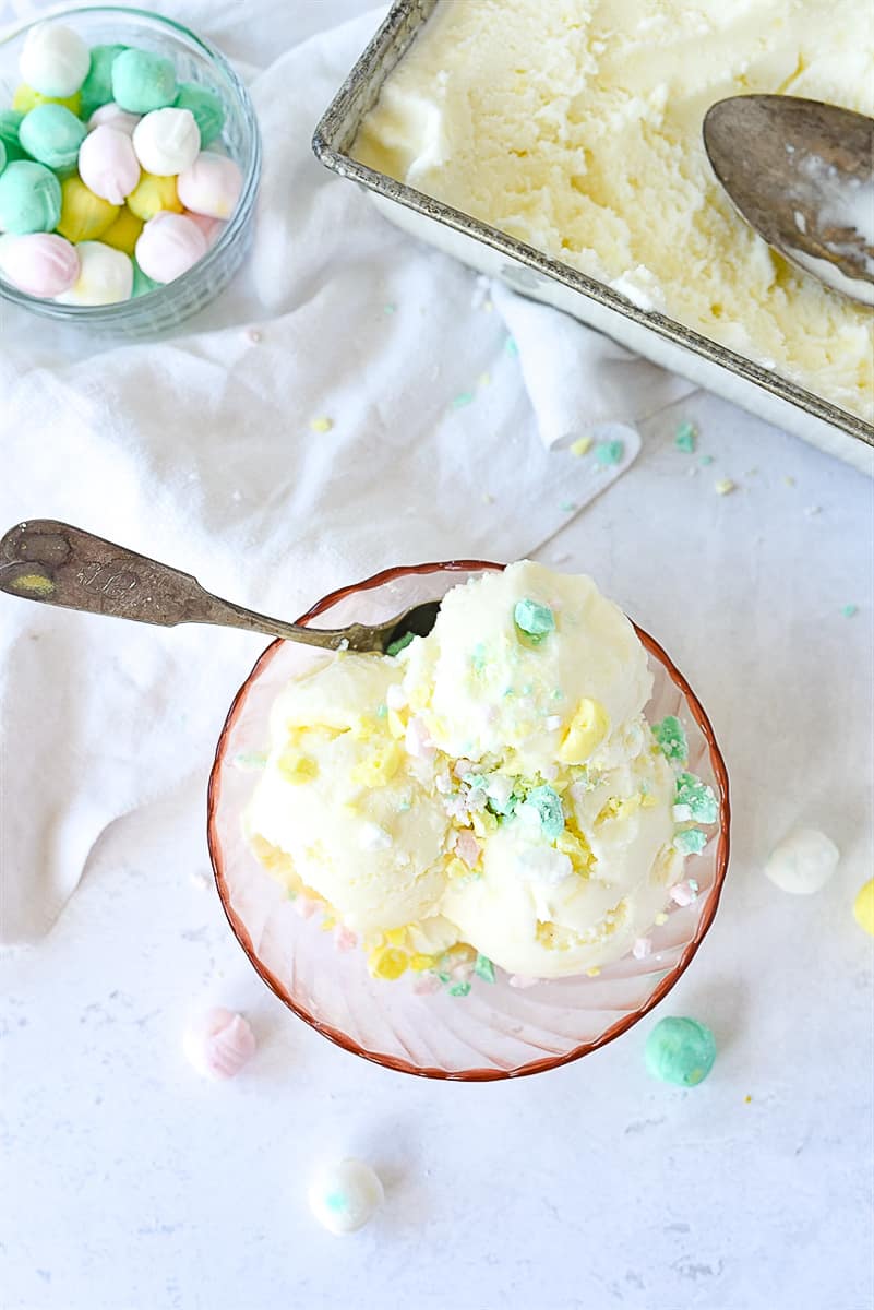 overhead shot of cps of ice cream in a bowl