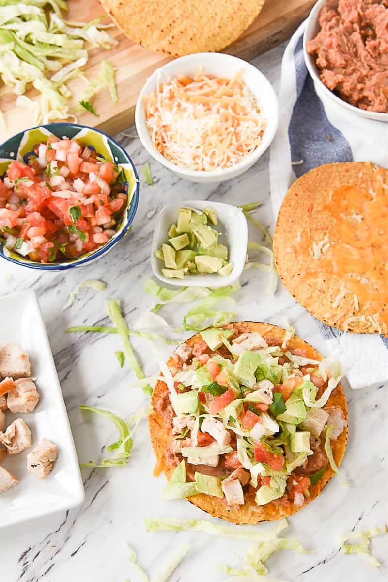 overhead shot of chicken tostadas