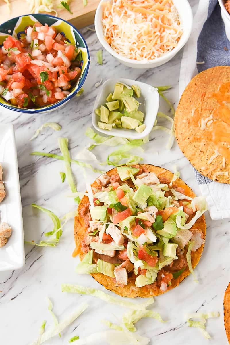 overhead shot of chicken tostada