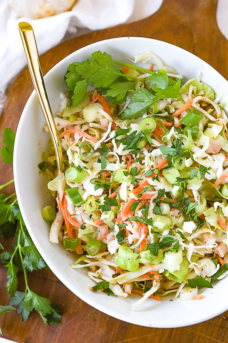 overhead shot of creamy coleslaw