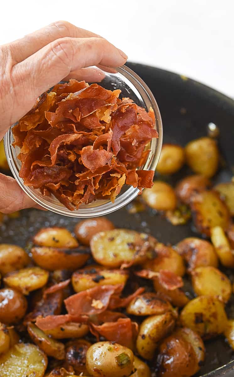 cooked prosciutto in  a bowl