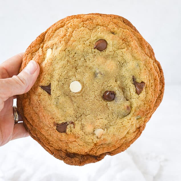 hand holding a chocolate chip cookie