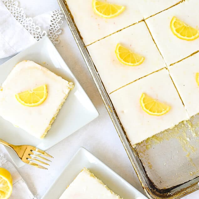 overhead shot of lemon sheet cake