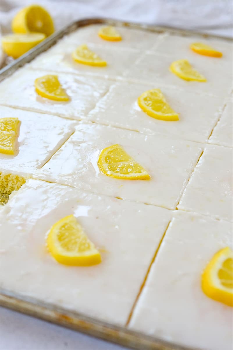 side view of lemon sheet cake
