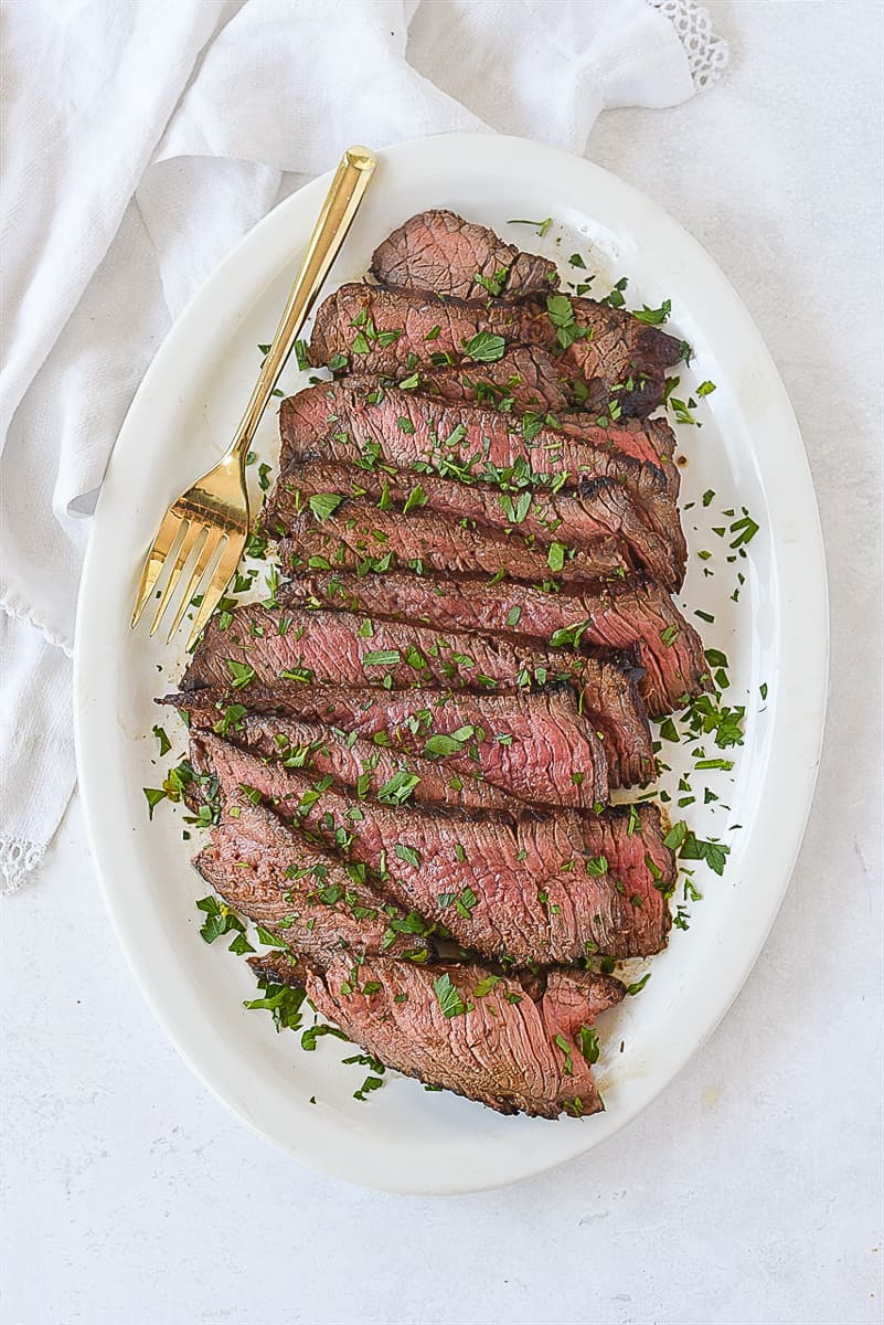 overhead shot of sliced london broil