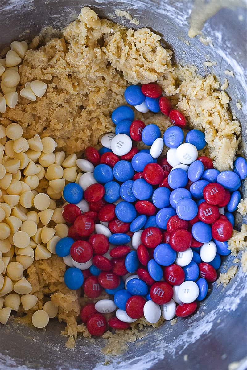 M & M Blondie dough in bowl.