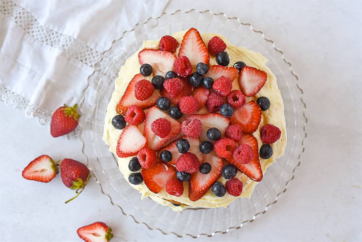 overhead shot of cake with berries on top