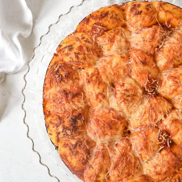 overhead shot of pizza pull apart