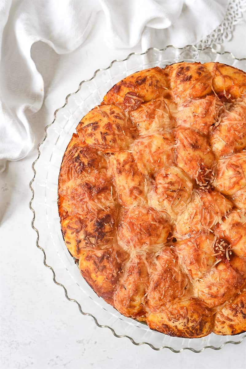 overhead shot of pizza pull apart