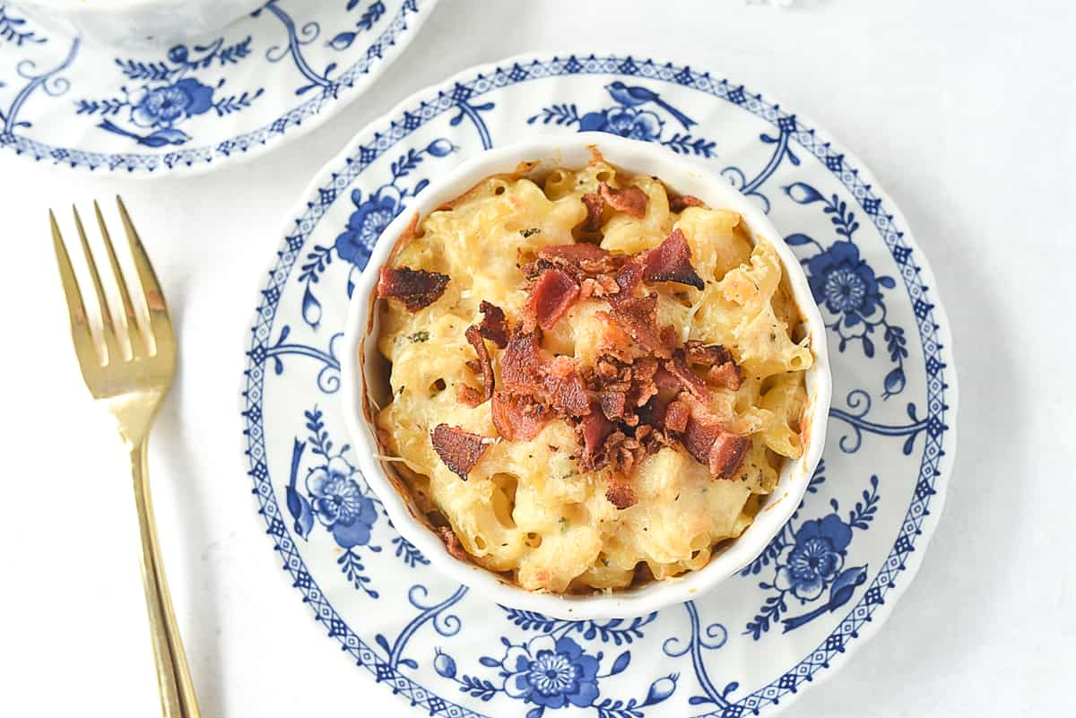 overhead shot of mac and cheese for two