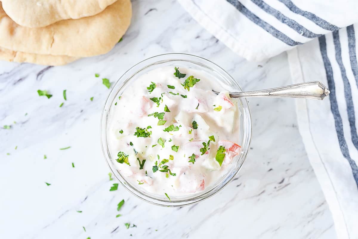 overhead shot of a bowl of tzatziki sauce