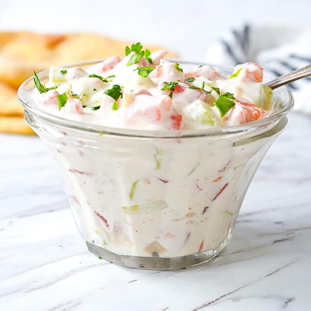 Tzatziki sauce in a glass bowl