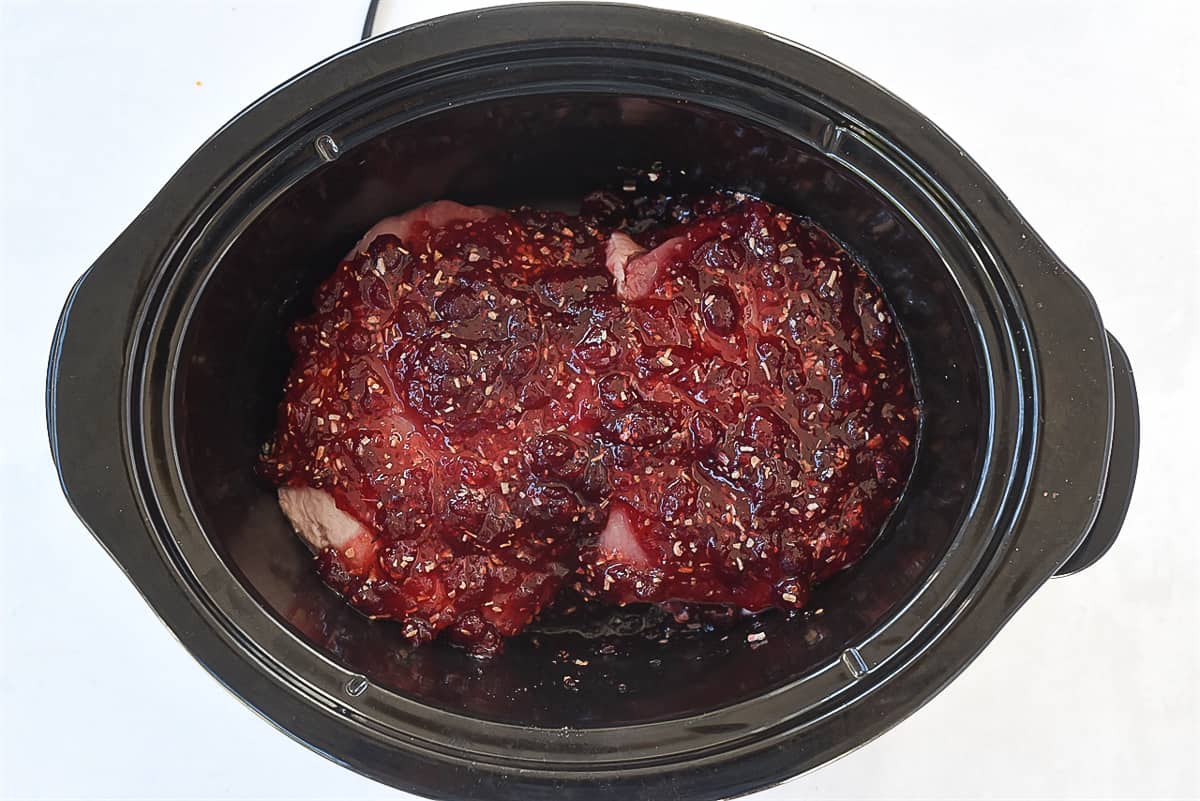 cranberry pork ingredients in slow cooker