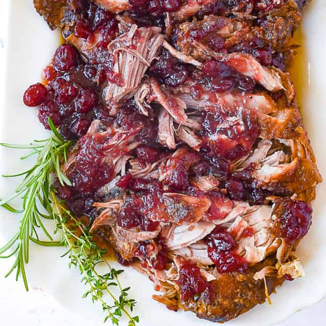 overhead shot of crock pot cranberry pork