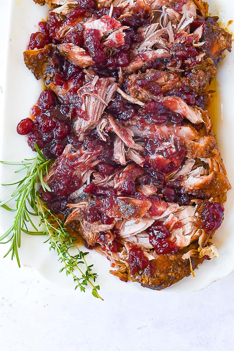 overhead shot of crock pot cranberry pork