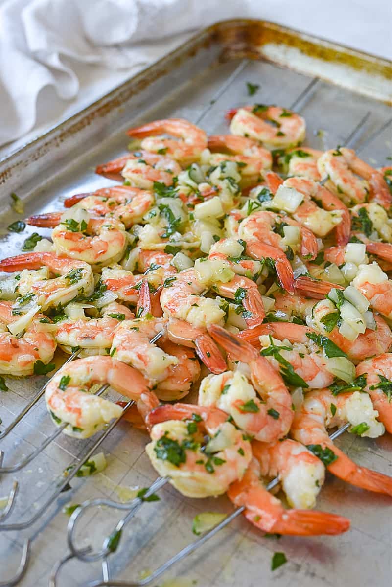 skewered shrimp on pan