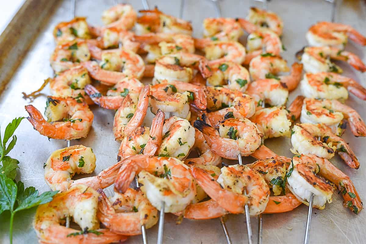 cooked shrimp on skewers