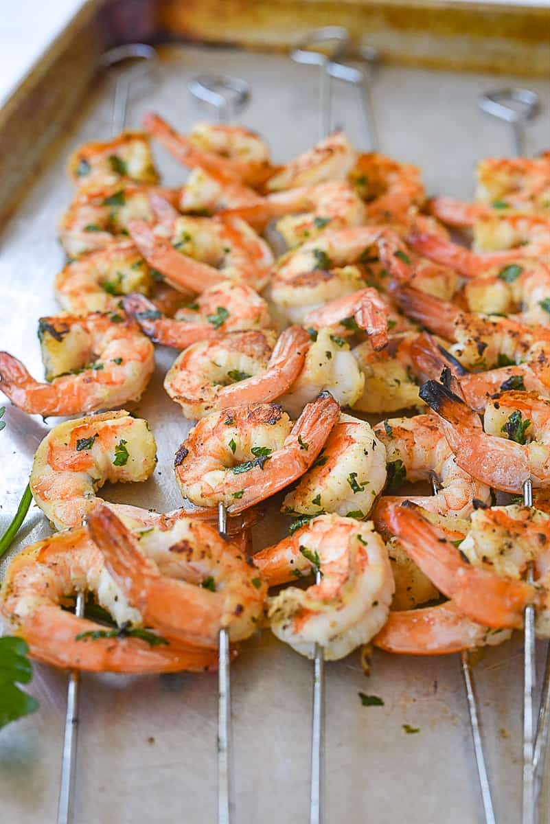 shrimp skewers on a pan