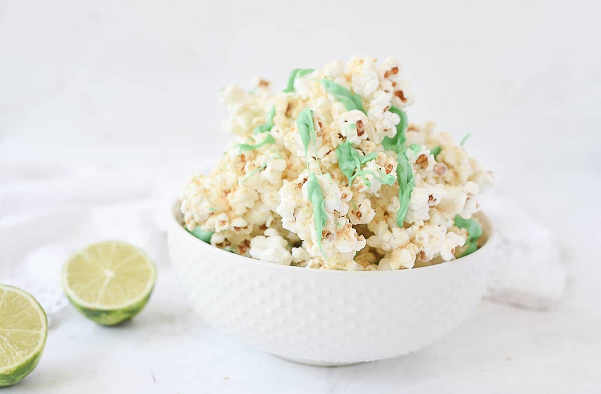 white bowl of key lime popcorn