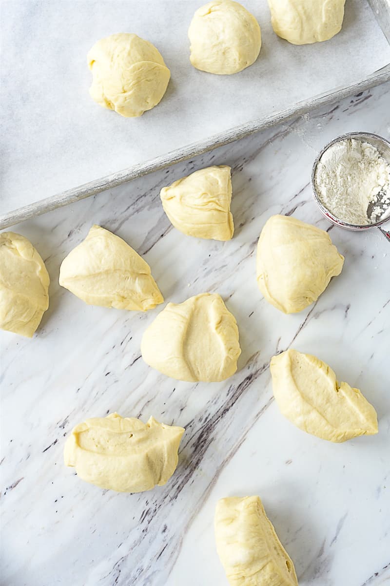 pretzel roll dough in 16 pieces