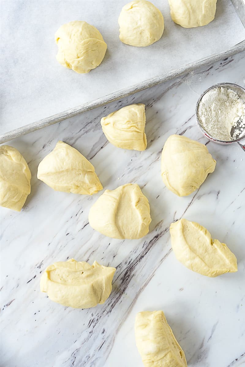 pretzel roll dough in 16 pieces