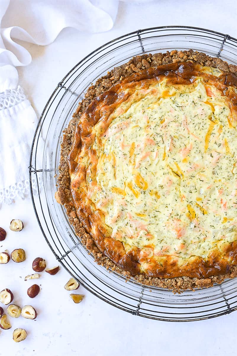 overhead shot of salmon quiche