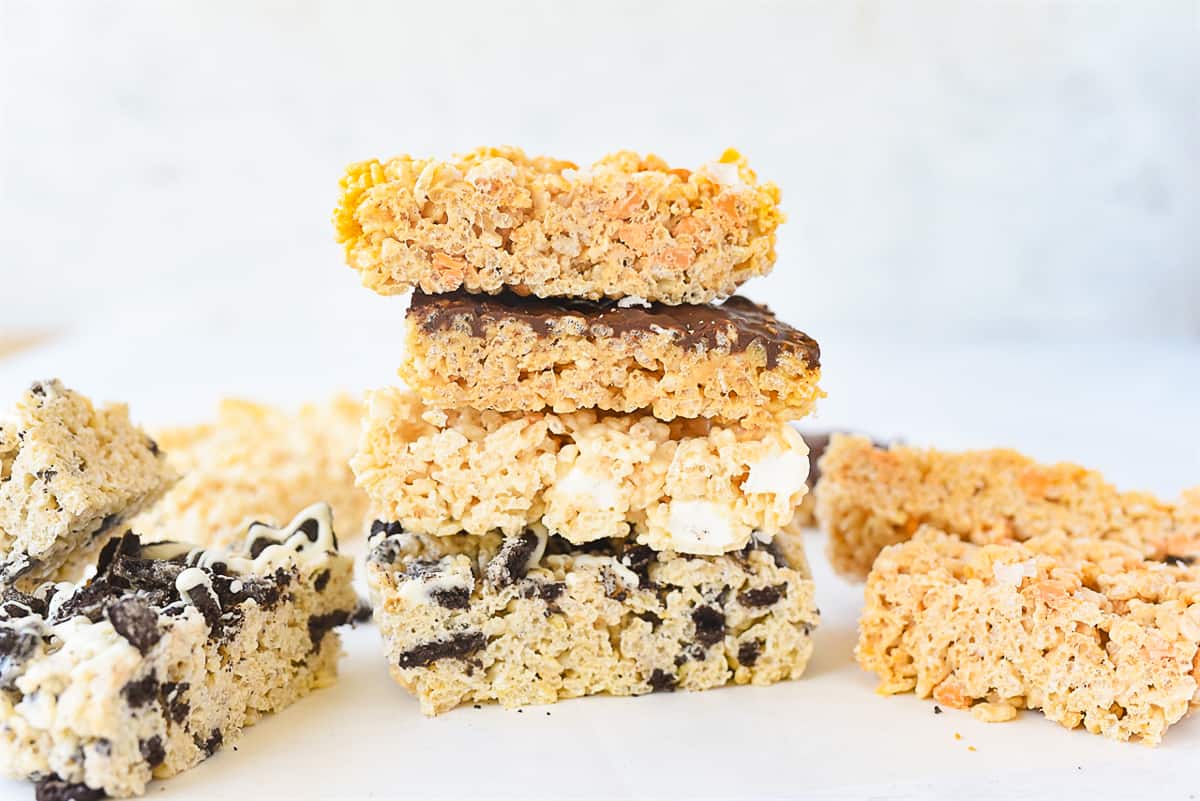 stack of four flavors of rice krispie treats